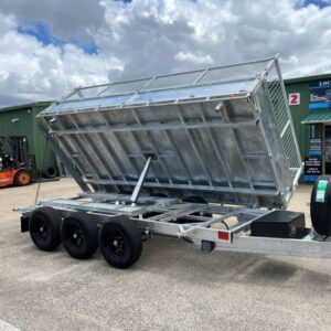 16 x 7 ft Hydraulic 3 Way Tri-Axle Flat Deck Tipping Trailer with Cage and Ramps ATM 4.5ton