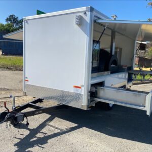 Maxi Pizza Trailer, set up with wood fired pizza oven ready to go